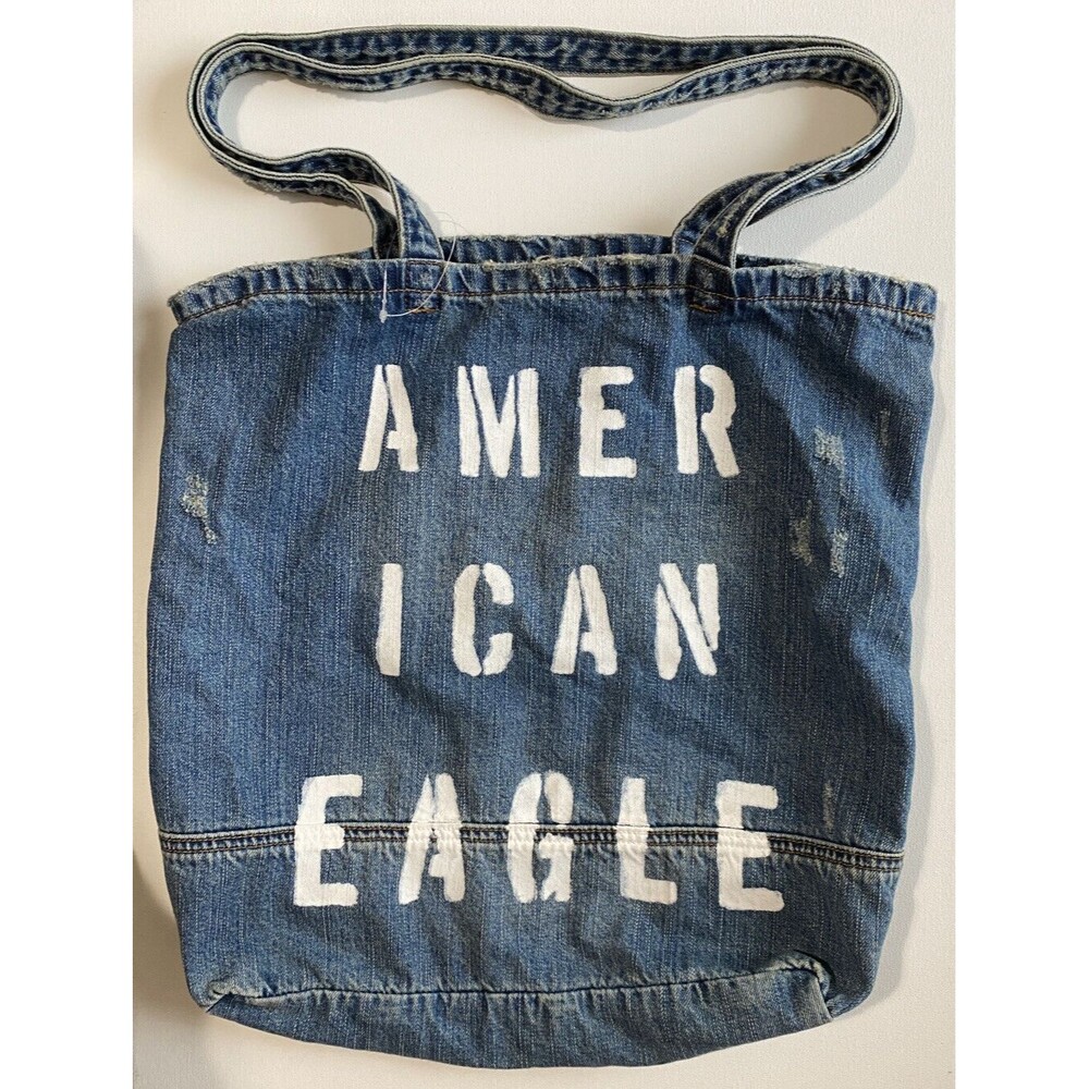 American Eagle Tote Bag Outfitters AEO Blue Jean Denim Shopping Book Distressed